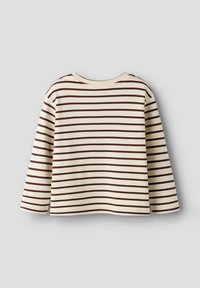 Pitkähihainen vaaleankermanvärinen paita, jossa on viininpunaisia vaakaraitoja. Paidassa on pyöreä pääntie ja suora helma, ja se on valmistettu pehmeästä puuvillakankaasta.