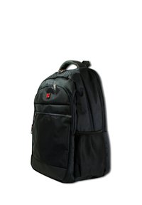 Black backpack with a textured nylon exterior, featuring multiple zippered compartments, padded straps, and a mesh side pocket.