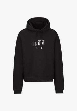 Black cropped hoodie made of soft fabric, featuring a drawstring hood, ribbed cuffs, and white printed "ICON" text on the front.