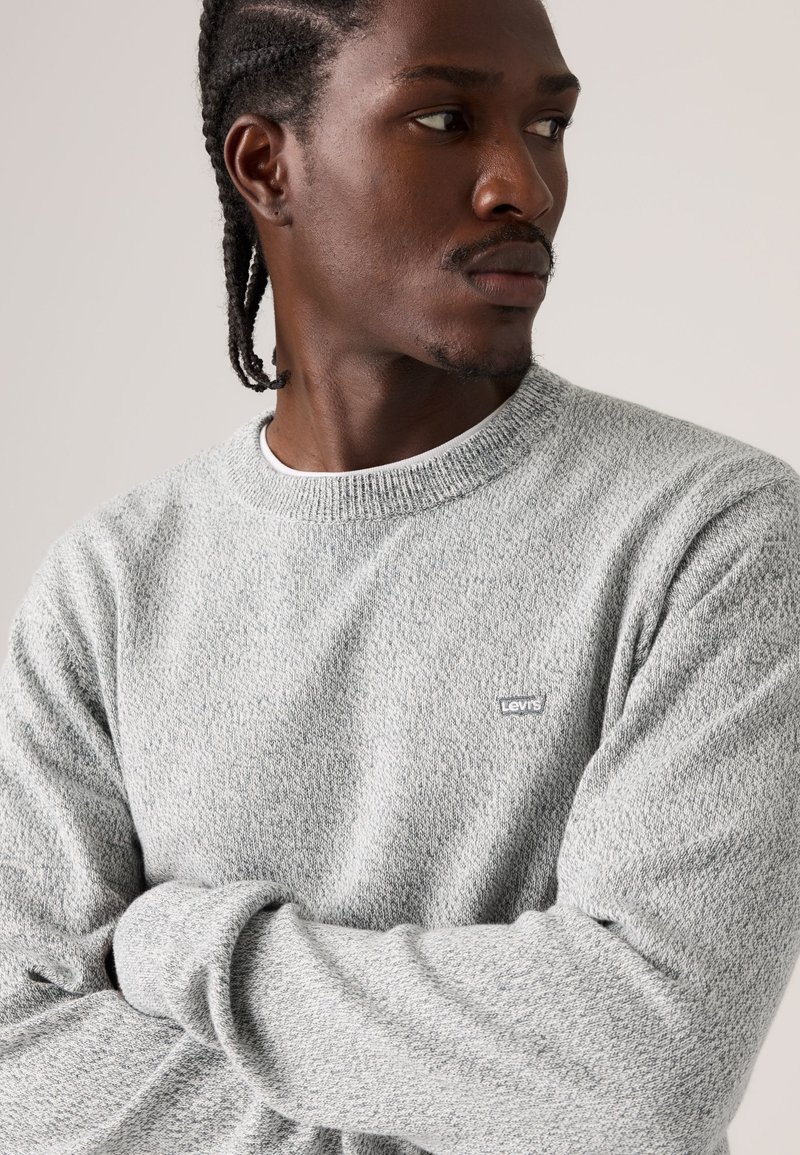 Mann mit geflochtenem Haar trägt einen hellgrauen Levi's Pullover, die Arme verschränkt, schaut nach rechts vor einfarbigem Hintergrund.