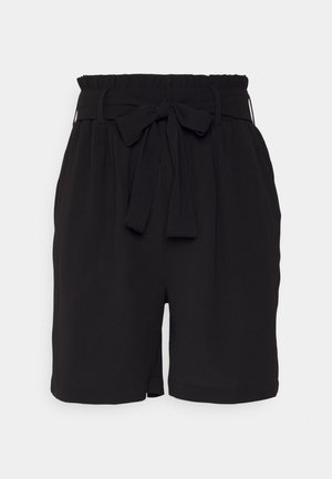Pantaloni shorts neri realizzati in un tessuto liscio con una vita alta elastica, presenti un fiocco frontale e pieghe sottili per un tocco aggiuntivo.