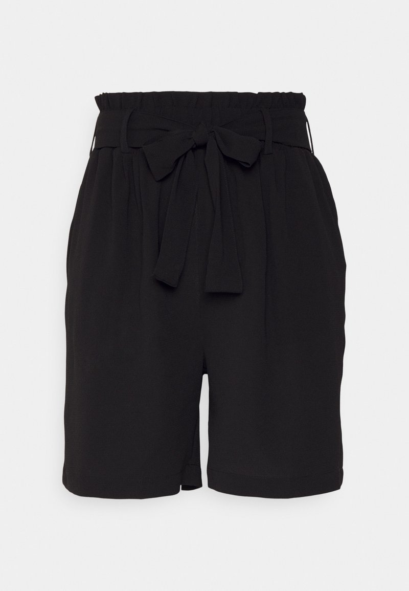 Shorts noirs en tissu lisse avec une taille élastique haute, dotés d'un nœud papillon à l'avant et de plis discrets pour un détail supplémentaire.
