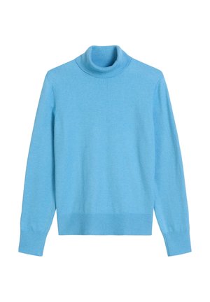 Helles blauer Rollkragenpullover aus weichem Strickmaterial, mit langen Ärmeln und gerippten Rippbündchen und Saum für eine figurbetonte Passform.