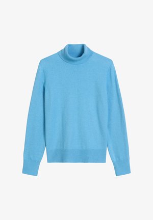 Light blue turtleneck sweater, made of soft knit material, featuring long sleeves and ribbed cuffs and hem for a fitted look.