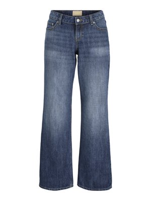 Blugi din denim albastru, cu picior ușor evazat, stil cu cinci buzunare, închidere cu nasture și fermoar, și găici pentru curea.