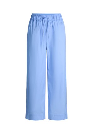 Pantaloni larghi a gamba larga di colore azzurro chiaro con elastico in vita e coulisse regolabile, vestibilità ampia, orli risvoltati, senza tasche visibili o motivi.