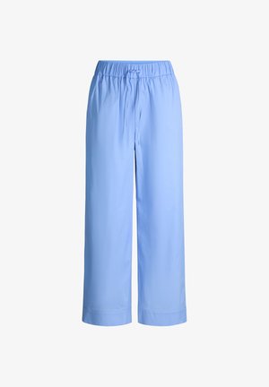 Lichtblauwe wijde broek met elastische tailleband en verstelbaar trekkoord, losse pasvorm, gerolde zoom, geen zichtbare zakken of patronen.
