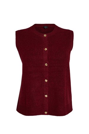 Ärmelloser burgunderfarbener Strickcardigan mit sechs goldenen dekorativen Knöpfen vorne und rundem Ausschnitt.