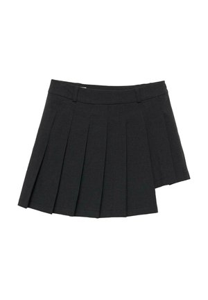 Gonna nera plissettata con cintura, realizzata in un tessuto uniforme. Presenta sette plissettature distinte e un orlo asimmetrico.