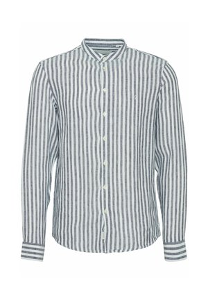 Vīriešu garroku krekls ar baltām un tumši zila vertikālām svītrām, mandarīna apkakli, attēlots no priekšpuses uz balta fona.