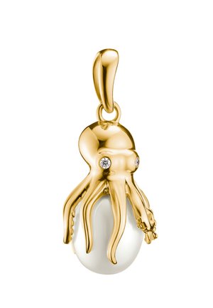 Ciondolo in oro a forma di polpo con occhi di diamante che tiene una perla bianca, progettato come gioiello con un anello di chiusura liscio.