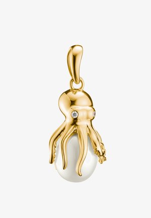 Gouden hanger in de vorm van een octopus met diamanten ogen die een witte parel vasthoudt, ontworpen als sieraad met een gladde sluiting.