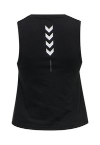 Sort ærmeløs sportstop med fire hvide nedadgående chevronpile og en lodret grå streg i midten på ryggen.