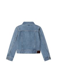 Modra denim jakna, skrajšan model, z dolgimi rokavi, ovratnikom, gumbnimi manšetami in rjavim etiketom na spodnjem delu hrbta.