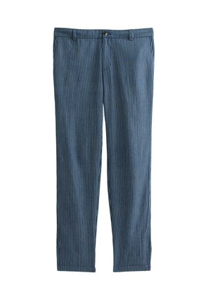 Pantalones rayados azules de tejido ligero, con un diseño de pierna recta, frente plano y cierre de botón en la cintura.