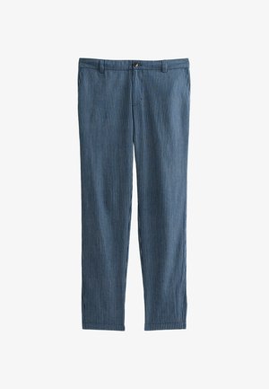 Gestreepte blauwe broek van lichtgewicht stof, met een recht model, vlakke voorkant en een knoopsluiting in de taille.