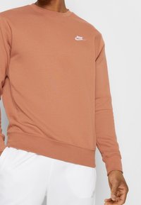 Nike-huppari ruosteenvärisenä, valmistettu pehmeästä kankaasta, jossa on pyöreä kaula-aukko, pitkät hihat ja pieni valkoinen logo rinnassa.