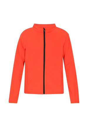 Jasnopomarańczowa kurtka wykonana z gładkiego materiału, z wysokim kołnierzem, pełnym zamkiem z przodu oraz czarnymi bocznymi kieszeniami z kontrastowym suwakiem.