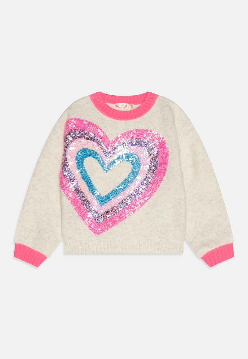 Pull couleur crème avec col et poignets roses, avec un grand motif cœur en sequins multicolores rose, violet et bleu à l'avant.