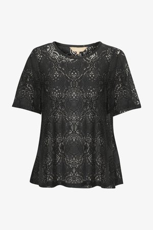 Juoda nėriniuota palaidinė su apvaliu iškirpimu ir trumpomis rankovėmis, papuošta išrankiais gėlių raštais ir laisvu, pūtučiu siluetu. Lengvai tekstūruota medžiaga.