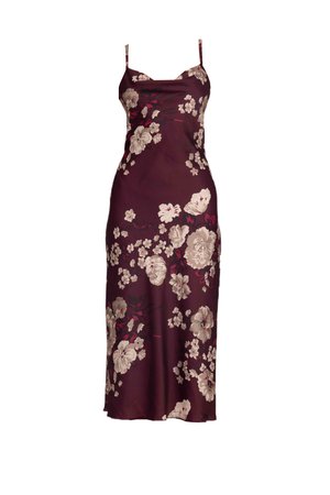 Robe glissante bordeaux à fleurs avec des bretelles fines et une silhouette ajustée. Dotée d'une texture semblable à du satin et de grands motifs floraux crème et rouge foncé.