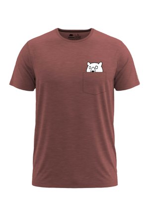 Rostfarbendes T-Shirt aus einem weichen, strukturierten Stoff mit rundem Ausschnitt und kurzen Ärmeln, das ein Bär-Motiv zeigt, das aus der linken Tasche schaut.