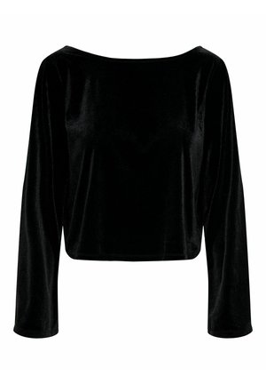 Haut noir à manches longues et coupé, fabriqué en velours doux. Il présente un col large et une texture lisse avec un design propre et simple.