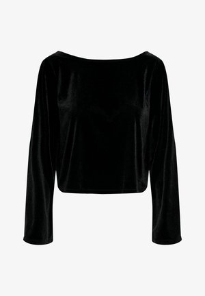 Czarny, krótki top z długim rękawem wykonany z miękkiego aksamitu. Posiada szeroki dekolt i gładką fakturę z czystym, prostym wzornictwem.