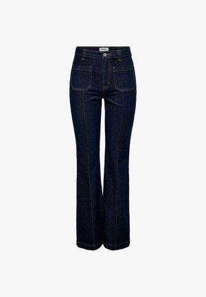 Tumši zilas augsta vidukļa džinsa bikses ar priekšējām palielinātām kabatām, pogu aizdari, priekšējo šuvju detaļu un viegli izvērstām kājām.