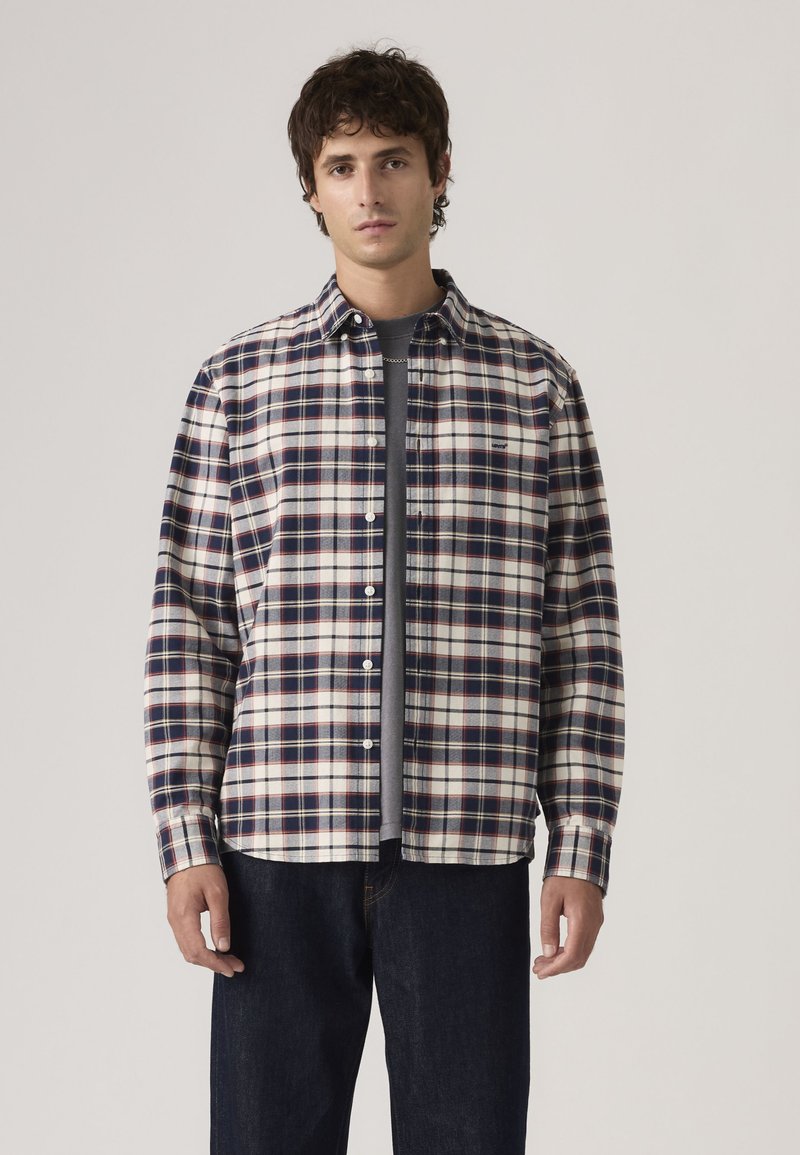 Άνδρας που φοράει μπλε ναυτικό, λευκό και μπεζ καρό πουκάμισο με κουμπιά πάνω από γκρι μπλουζάκι και σκούρο μπλε τζιν, σε ουδέτερο φόντο.