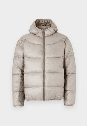 Puffer jacket in light beige, featuring a hood, zip closure, and quilted design with prominent horizontal stitching. Smooth, shiny texture.