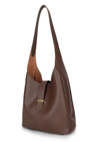 Brown leather handbag with a curved shape, single shoulder strap, and gold accent hardware. Features a flap closure and smooth texture.