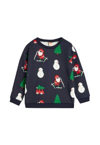 Sudadera navy con un estampado festivo de Santa, muñecos de nieve, árboles y un coche, hecha de una suave tela con puños y dobladillo acanalados.