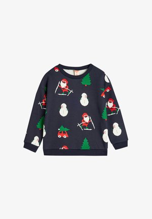 Marineblå sweatshirt med et festligt print af Santa, snemænd, træer og en bil, lavet af blødt stof med ribbestrikkede manchetter og kant.