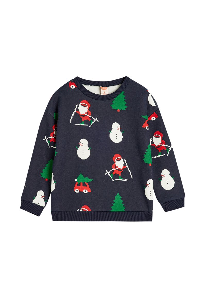 Sudadera navy con un estampado festivo de Santa, muñecos de nieve, árboles y un coche, hecha de una suave tela con puños y dobladillo acanalados.