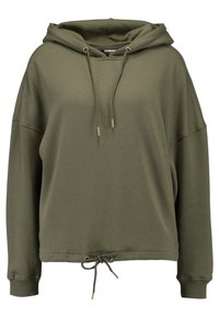Felpa con cappuccio verde oliva dalla vestibilità ampia, con vita regolabile attraverso un cordino e terminali in tonalità oro. Realizzata in un morbido tessuto testurizzato.