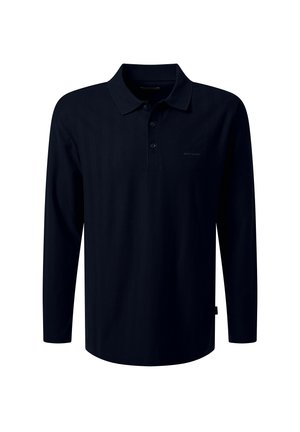 Zwarte polo met lange mouwen, voorzien van een drievoudige knoopsluiting en een subtiele "Pierre Cardin"-logo aan de linkerborst.