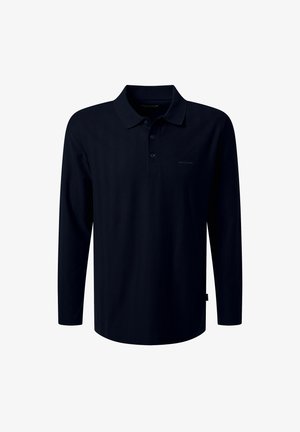 Zwarte polo met lange mouwen, voorzien van een drievoudige knoopsluiting en een subtiele "Pierre Cardin"-logo aan de linkerborst.