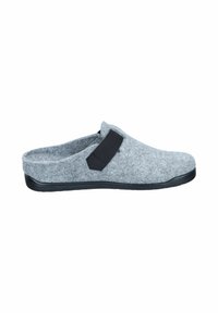 Gray felt slip-on shoe with a black elastic strap, round toe, and textured black rubber sole. Flat design with soft, smooth interior.