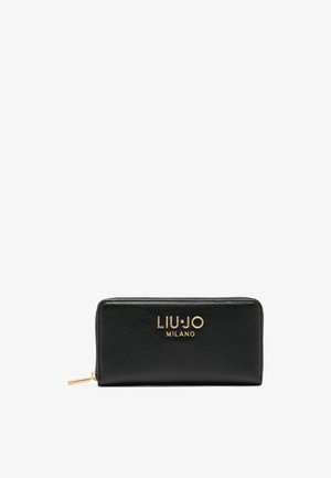 Black leather wallet with a textured surface, gold-tone logo "LIU JO MILANO" on the front, and zip closure detail.