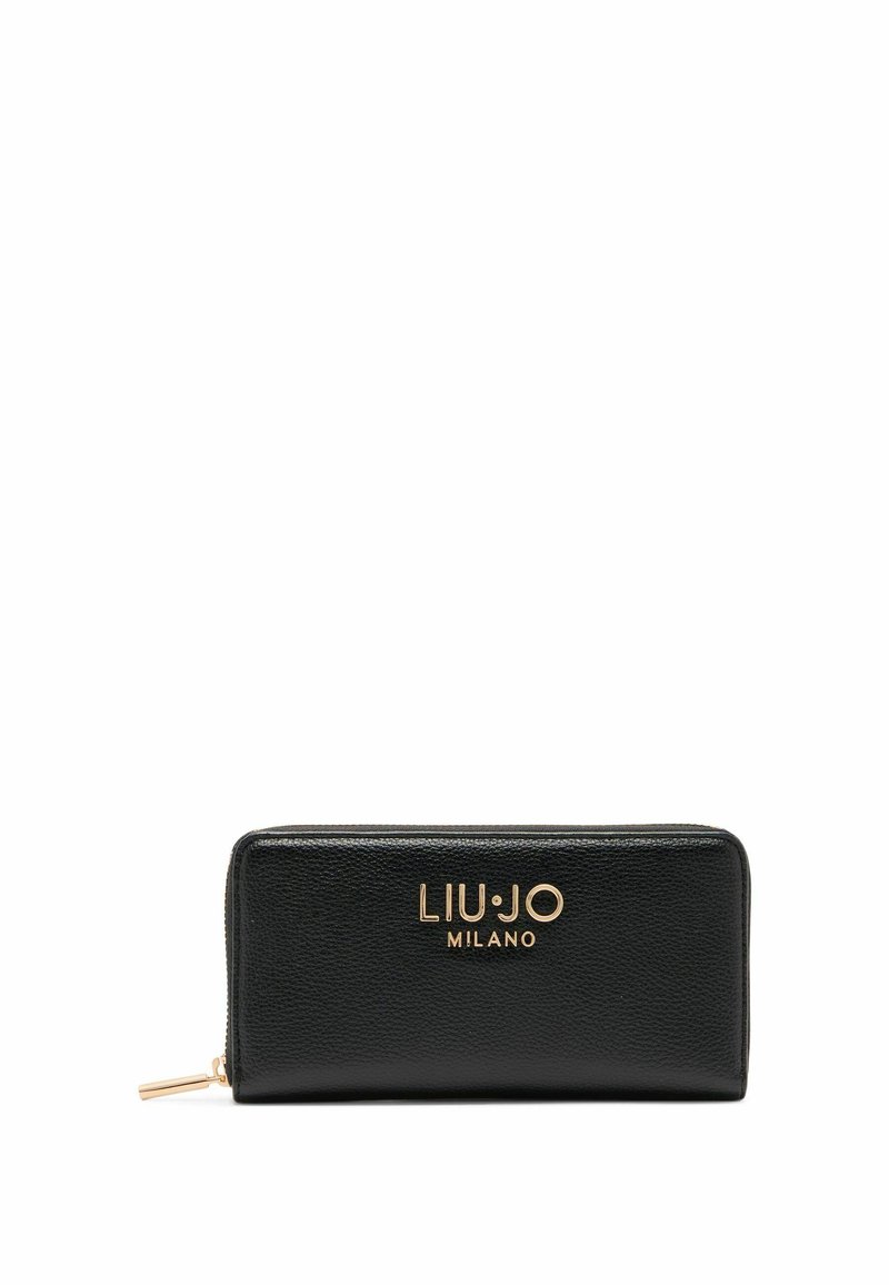Schwarze Lederbörse mit strukturierter Oberfläche, Gold-Logo "LIU JO MILANO" auf der Vorderseite und Reißverschlussdetail.
