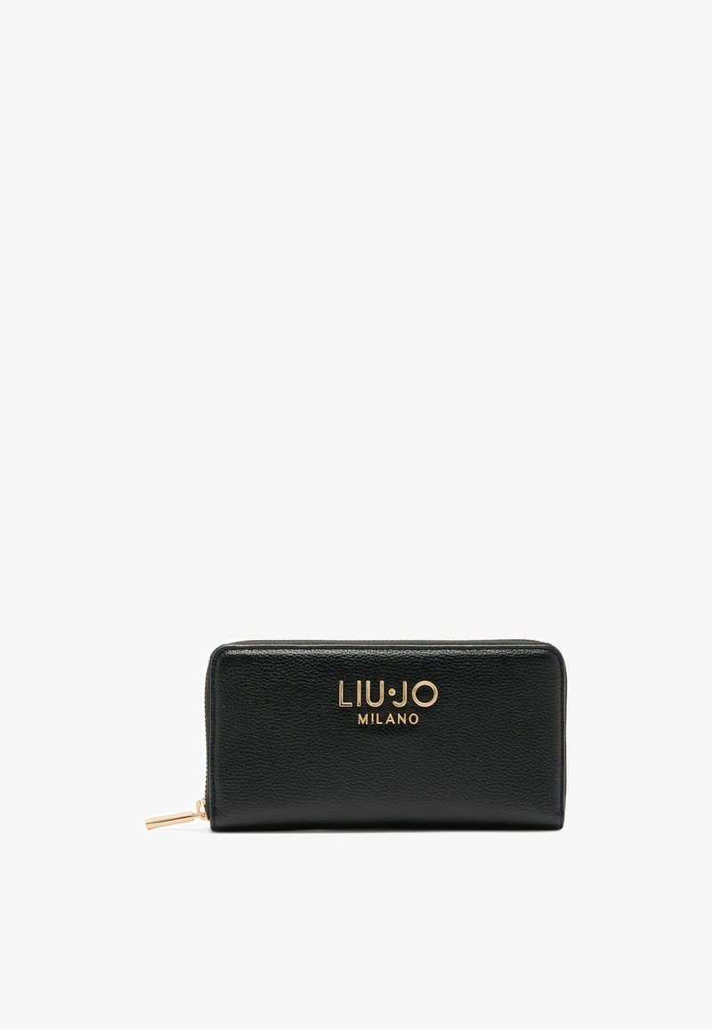 Mustmust mustr nahkrahakott tekstuuriga pinnaga, kuldse tooni logo "LIU JO MILANO" esifaas, ja tõmblukuga sulgemine.