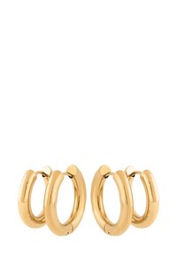 Cercei rotunzi din metal cu nuanță aurie, finisaj neted și lucios. Două perechi incluse, cu formă circulară și design fără îmbinări.