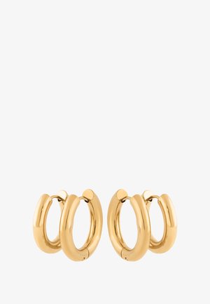 Aranyszínű fém karika fülbevalók sima, fényes felülettel. Két párat tartalmaz, kör alakú, varrat nélküli kialakítással.
