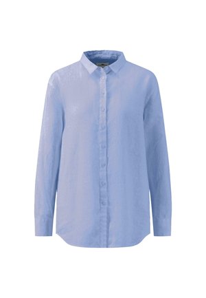 Hellblaues Langarmhemd mit Button-Down-Kragen, Frontknöpfen und einem leicht strukturierten Stoff. Lockerer Schnitt mit geradem Saum.