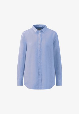 Cămașă albastru deschis cu mâneci lungi, guler cu nasturi, nasturi pe față și un material ușor texturat. Croială lejeră cu tiv drept.