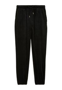Pantalons de jogging en velours noir avec taille élastique, cordon de serrage, poches latérales zippées et poignets élastiques aux chevilles.