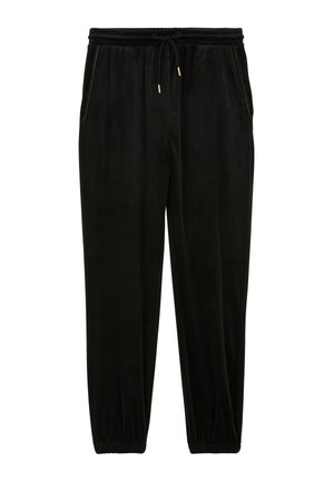 Pantalons de jogging en velours noir avec taille élastique, cordon de serrage, poches latérales zippées et poignets élastiques aux chevilles.