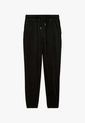Pantalons de jogging en velours noir avec taille élastique, cordon de serrage, poches latérales zippées et poignets élastiques aux chevilles.