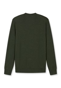 Maglione verde scuro a maniche lunghe, con scollo rotondo e una texture liscia. Presenta polsini e orlo a coste. Design semplice a tinta unita.